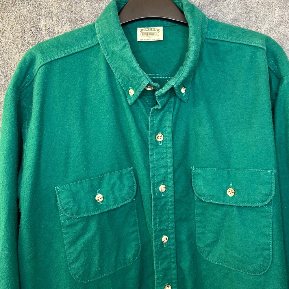 VTG 90s Five Brother Mens L Chambray Flannel Shirt Green Long Sleeve Button Down